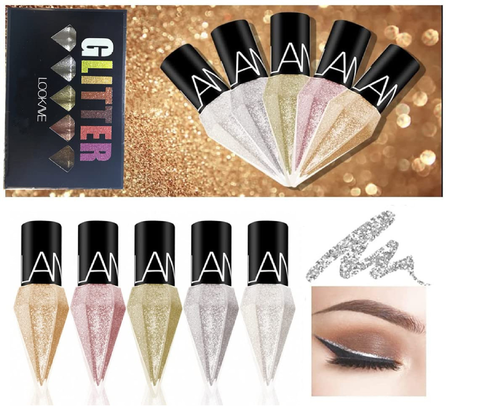 Glitter Liquid Eyeliner Colorful Set,5 Colors Metallic Shimmer White Silver Gold
