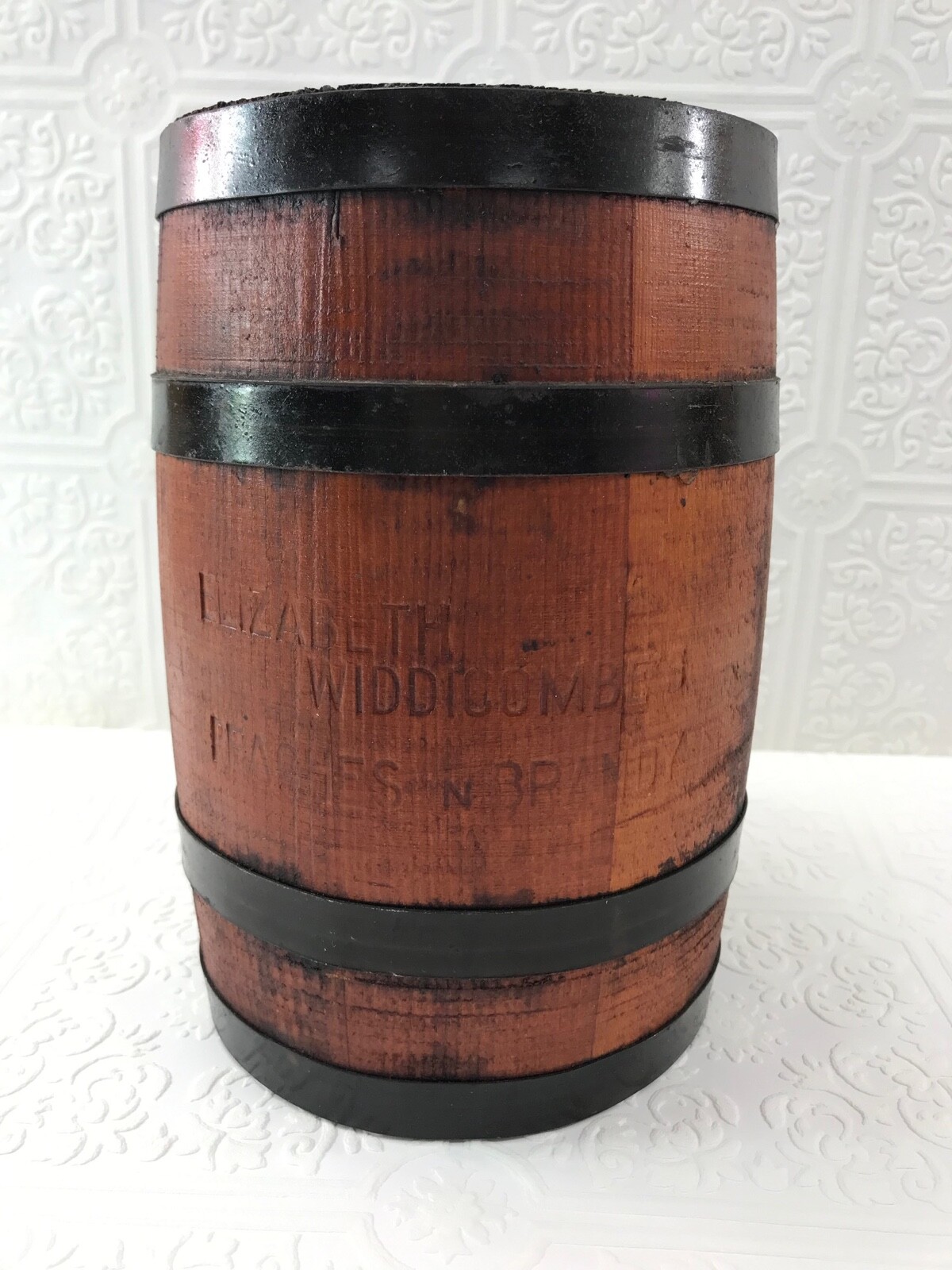 Elizabeth Widdicombe's Peaches in Brandy Wood Barrel, Vintage Advertising 8X5"