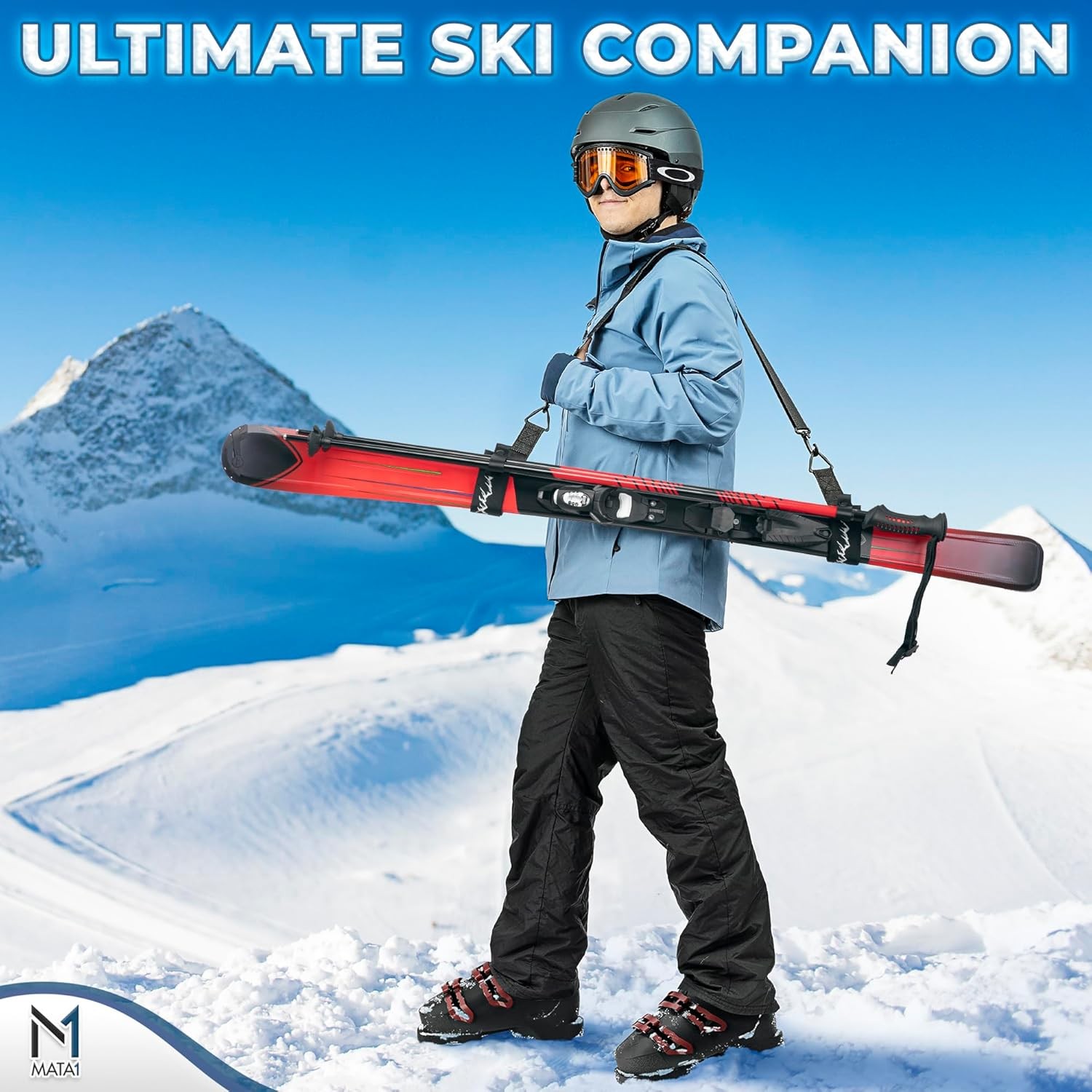 Ski Strap & Pole Carrier - Black - Adjustable Shoulder Strap to Carry Skis & Pol