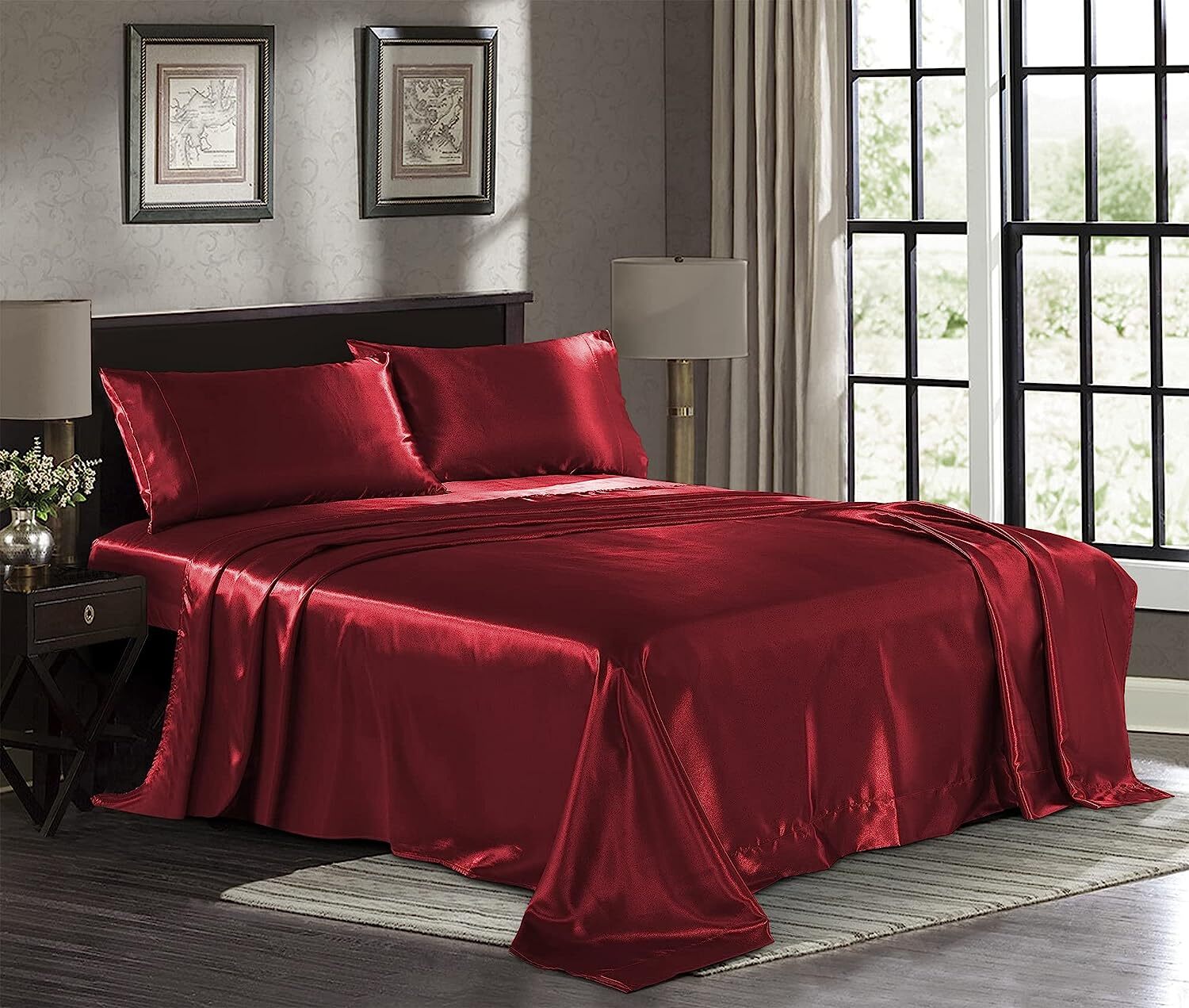 Satin Sheet Set Silky Microfiber Deep Pocket Fitted Sheet+Flat Sheet+Pillow Case