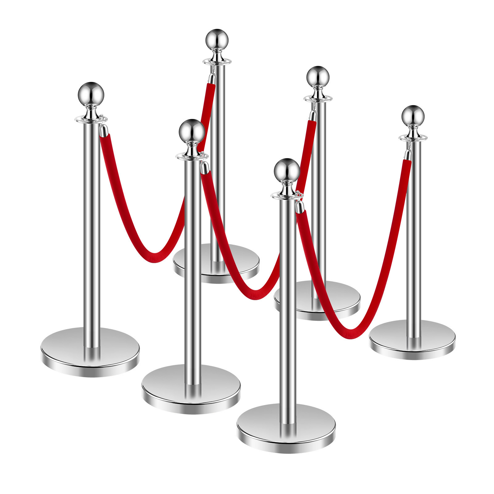 6 Pcs Silver Stanchion Post 3 Red Velvet Ropes Sand Injection Hollow Base