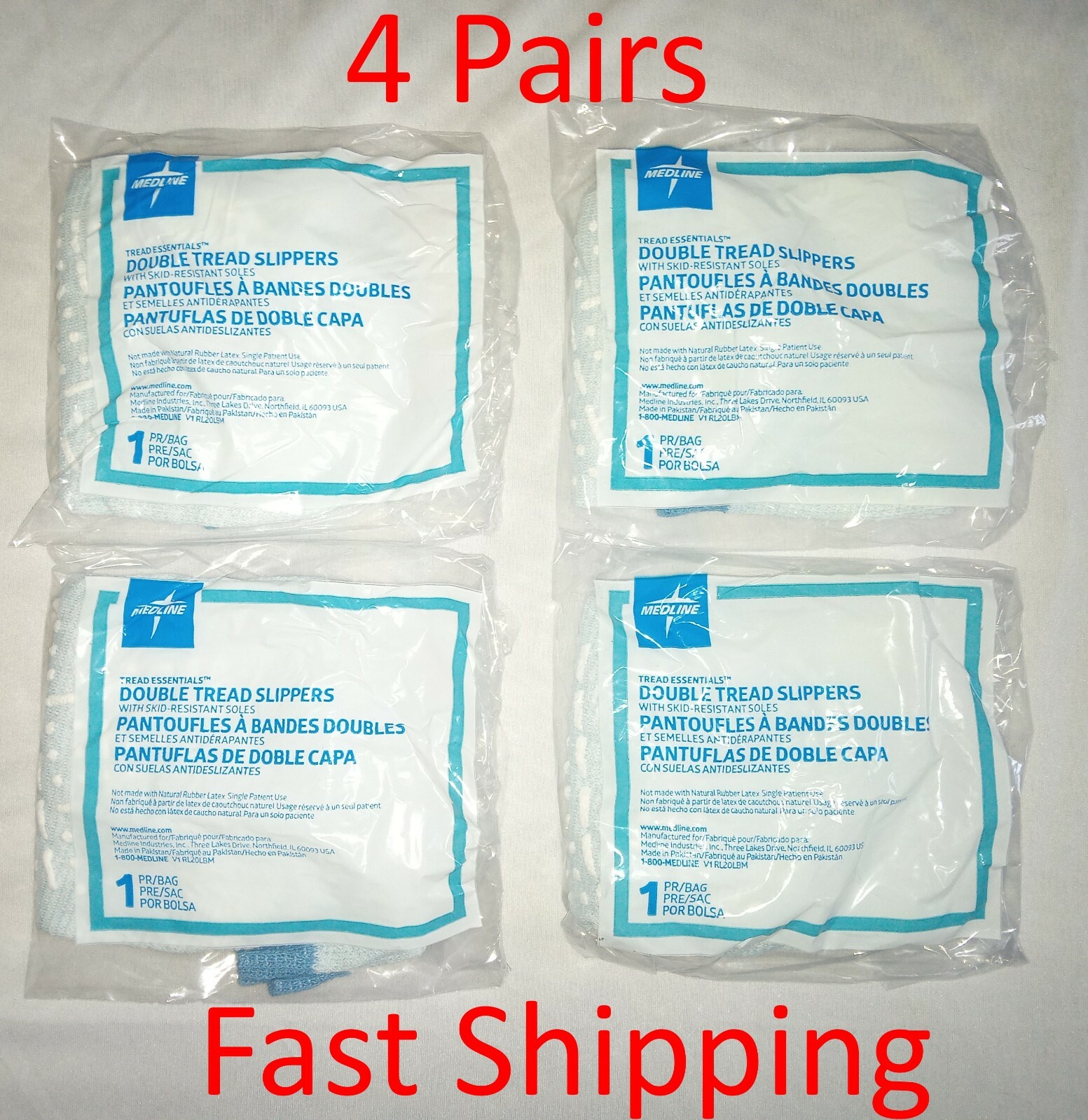 4 Pair Double Sided Medline Essentials Lt Blue Large Non Skid Slipper Socks