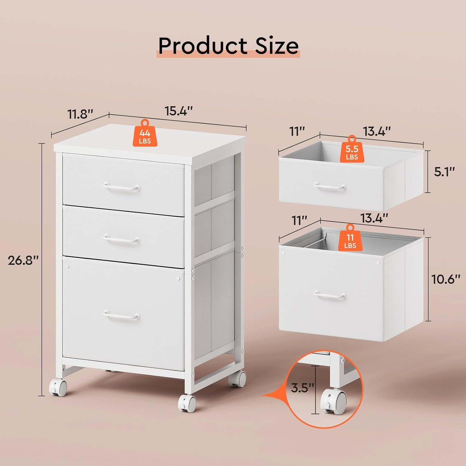 3 Drawer Mobile File Cabinet with Wheels Fabric Vertical Filing Cabinet Fits A4