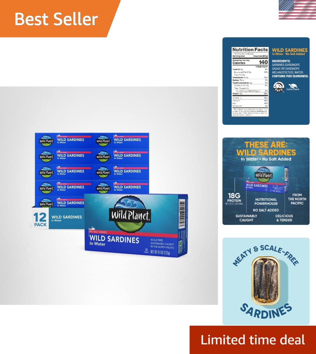 Wild Sardines in Water – Rich in Omega-3 & Protein, Convenient Snack, Pack of 12