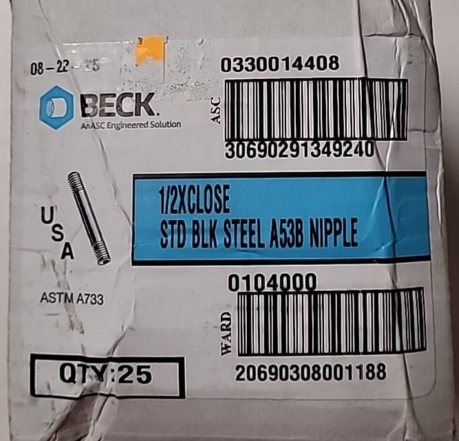 Beck 1/2in x Close Std Black Steel A53B Nipple Box Of 25