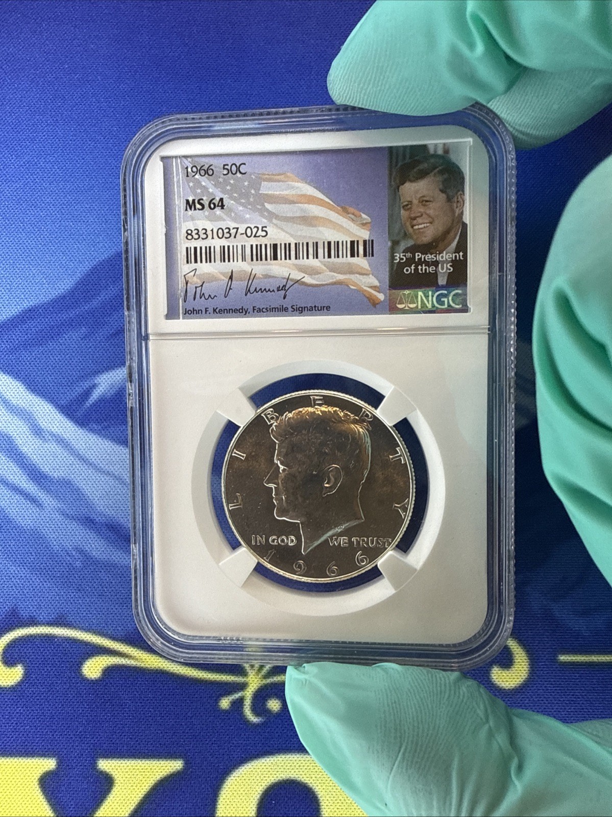 1966 Kennedy Half Dollar MS-64 NGC Flag Label
