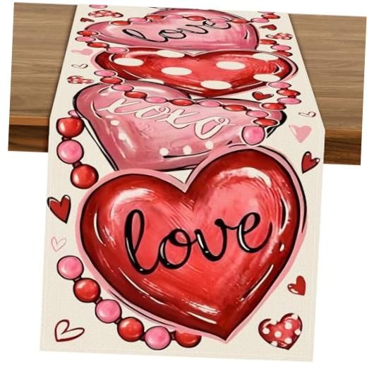 72 x 13 Inch Table Runner – Red and Pink Hearts with Love and Valentines Day