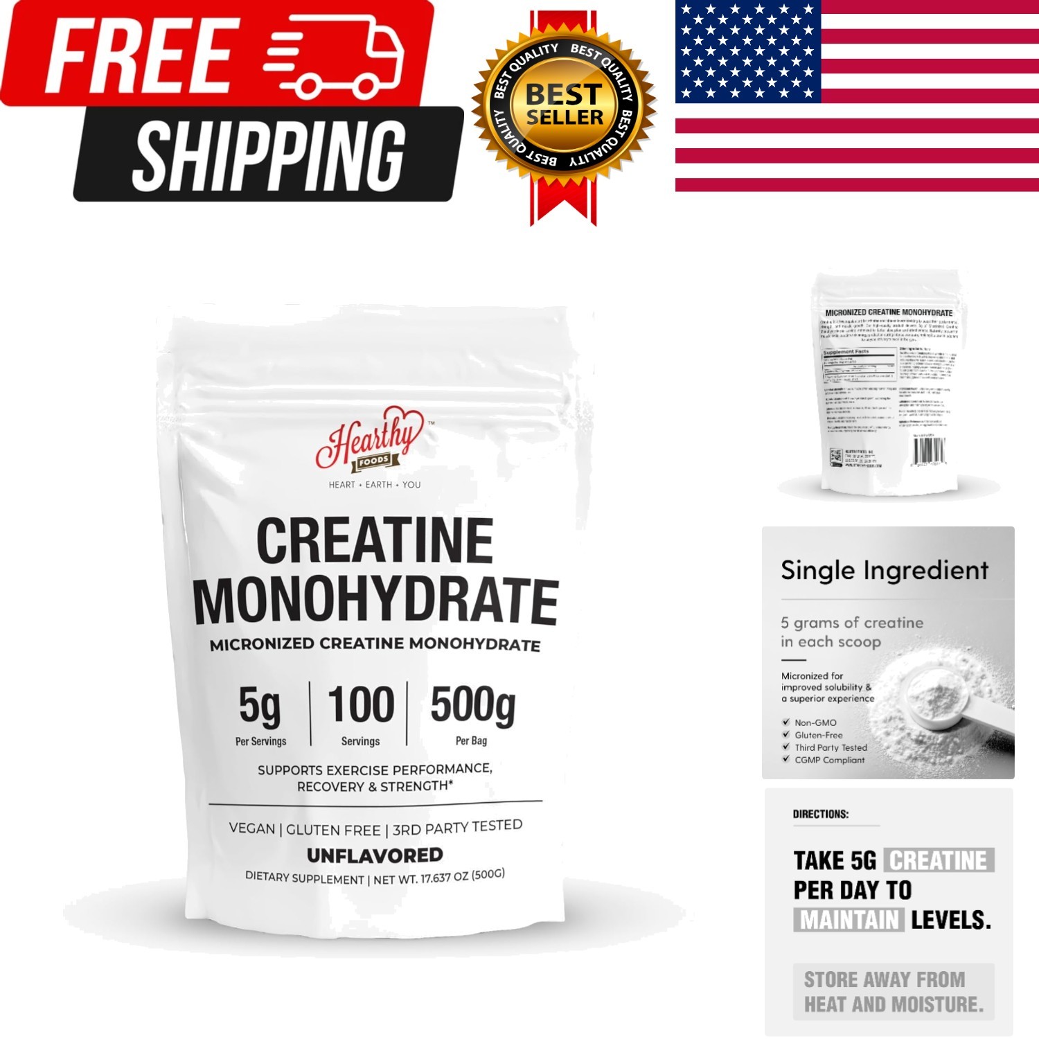 HEARTHY FOODS Creatine Monohydrate Micronized Powder 500G - 100 Servings, 5000mg