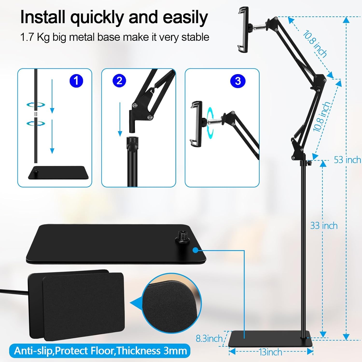 Tablet Floor Stand Double Weighted Base Adjustable Holder for 4.5-13" Devices