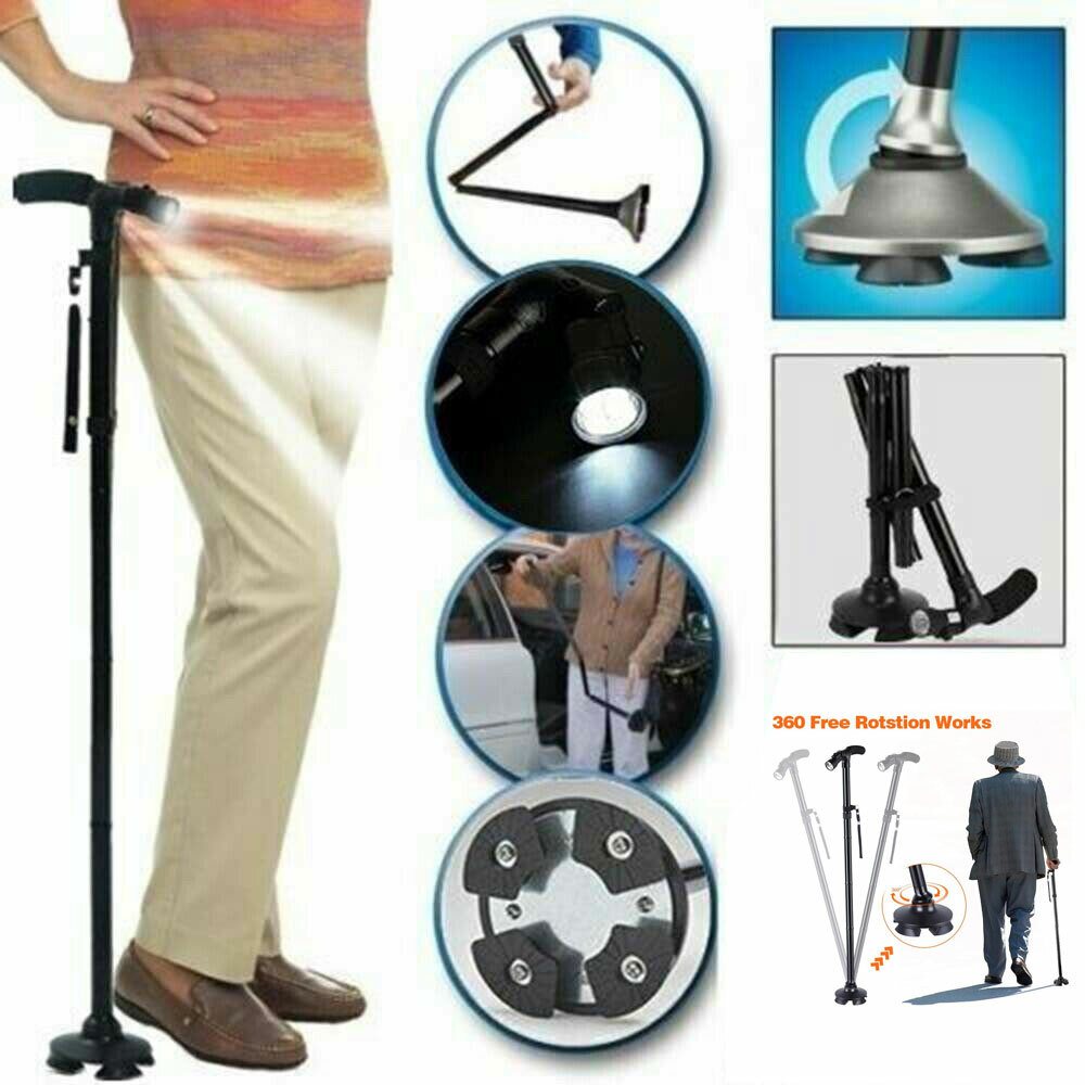 4 Head Pivoting Trusty Base Portable Foldable LED Walking Stick Cane With Light