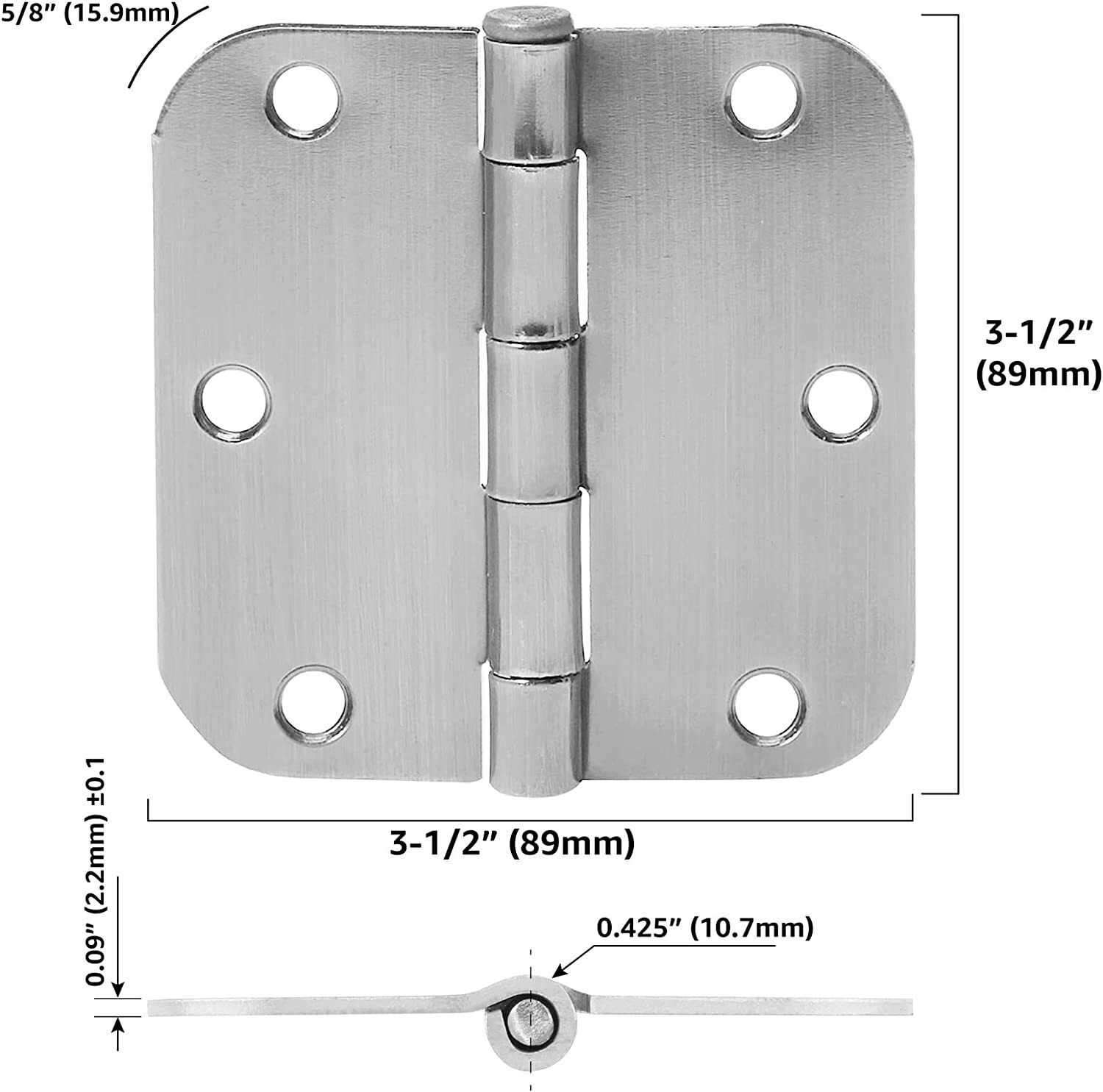 Rounded 3.5 Inch x 3.5 Inch Door Hinges, 18 Pack, Satin Nickel Amazon Basics