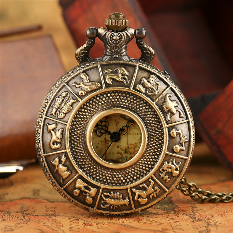 Retro Bronze Zodiac Constellation Hollow Necklace Pocket Watch Australia Map
