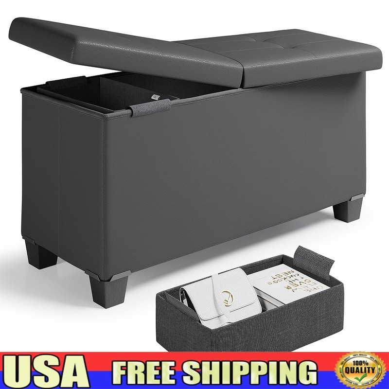 Faux Leather Storage Ottoman Bench W/ Removable Bins Living Room Organizer New