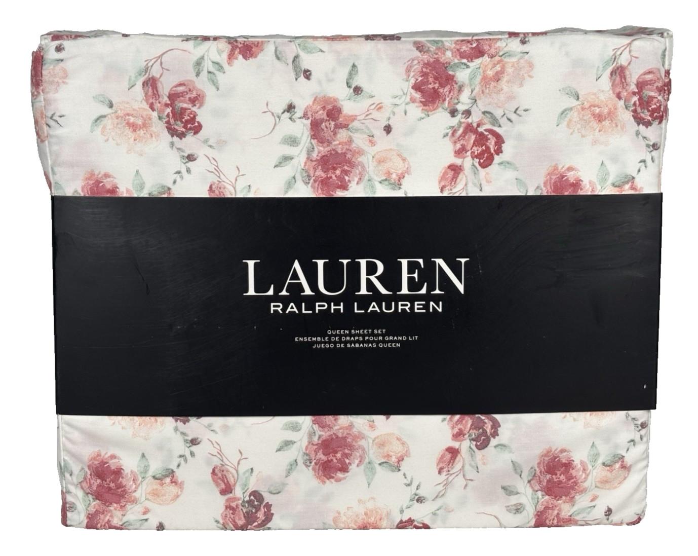 Ralph Lauren Queen Sheet Set Floral Rose Ivory Pink 100% Cotton Cottage