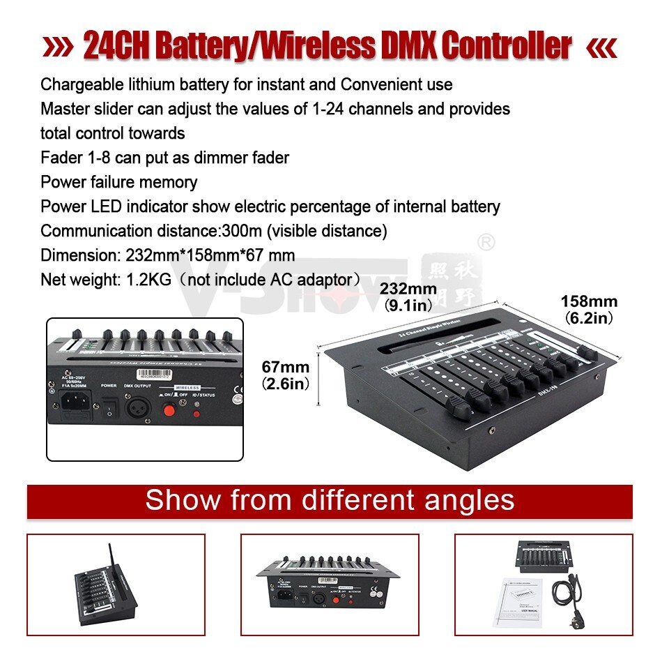 V-Show 1pc 24CH Battery Wireless DMX Simple Controller For Battery Powered Light