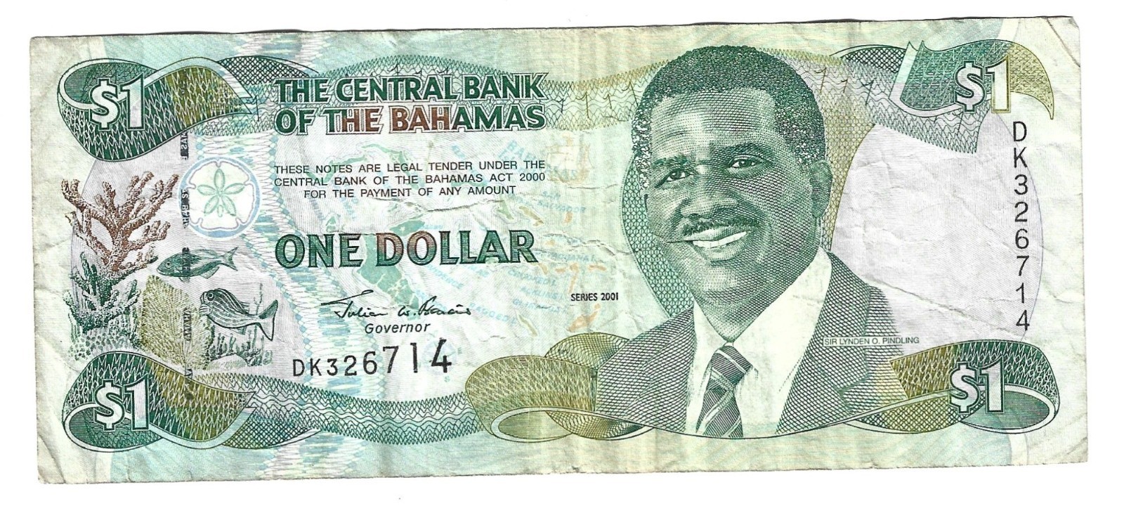 2001  Bahamas 1 Dollar Bill.  Central Bank Of The Bahamas Banknote Currency.