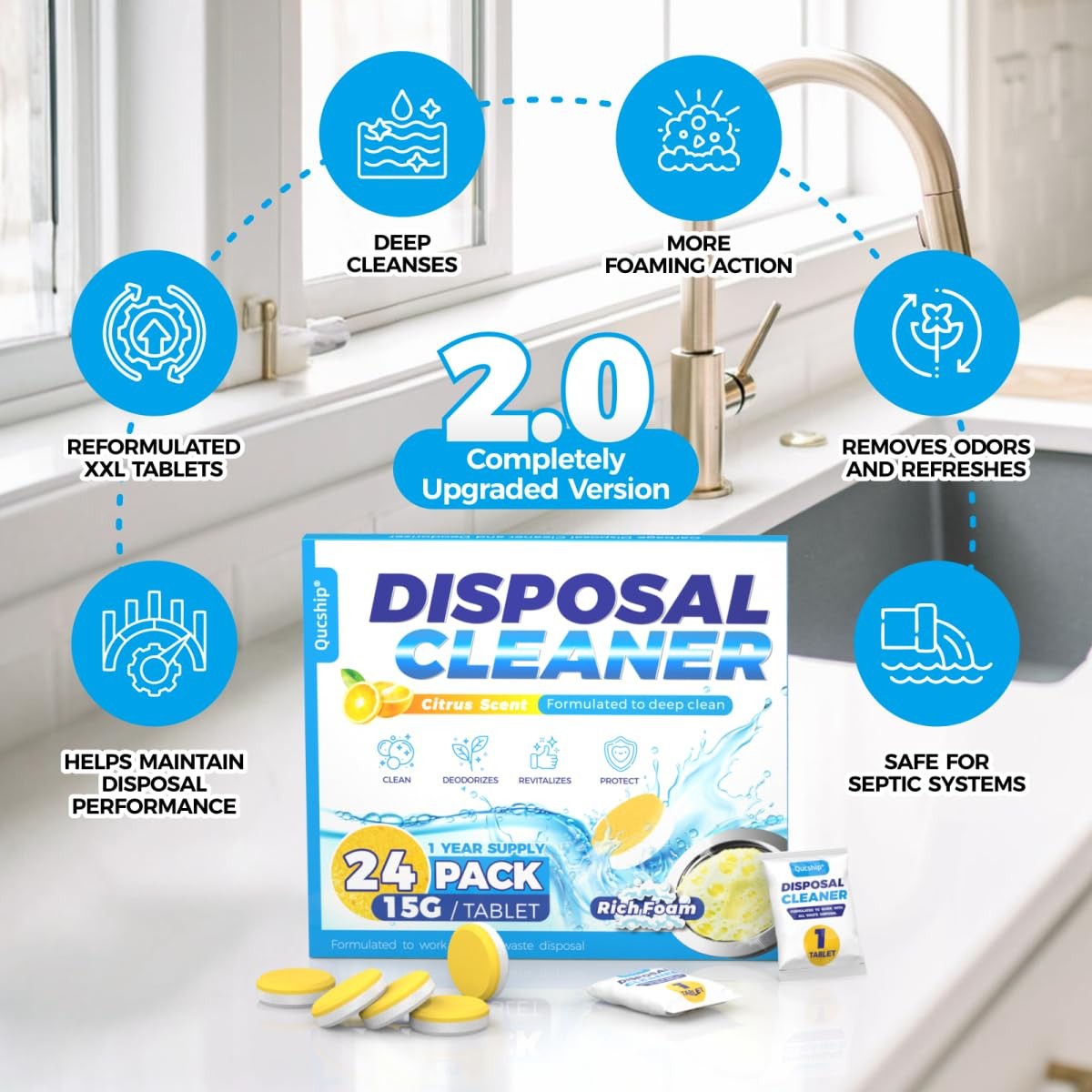 XXL Foaming Garbage Disposal Cleaner Tablets - Citrus Scent 24 Pack