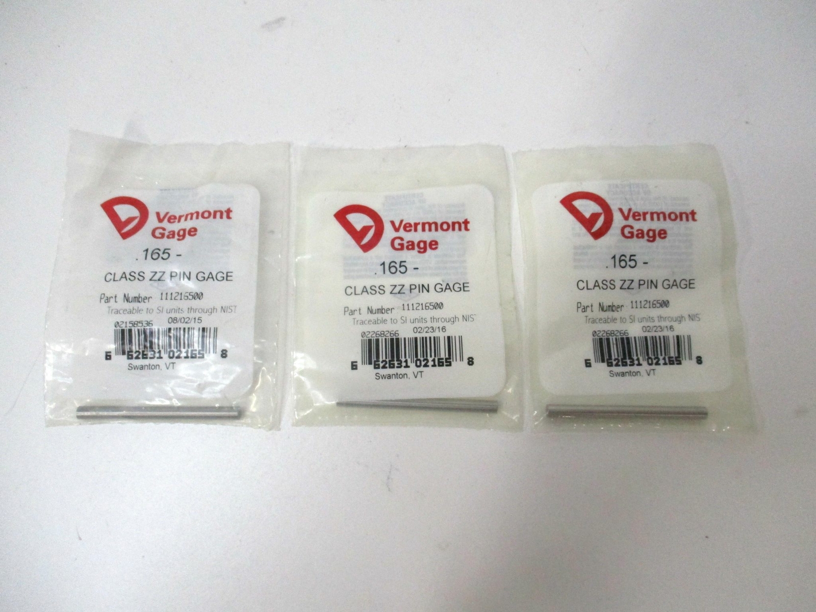 Vermont Gage (111228300) 0.165" Tolerance Class ZZ Steel No-Go Pin Gage - Qty 3