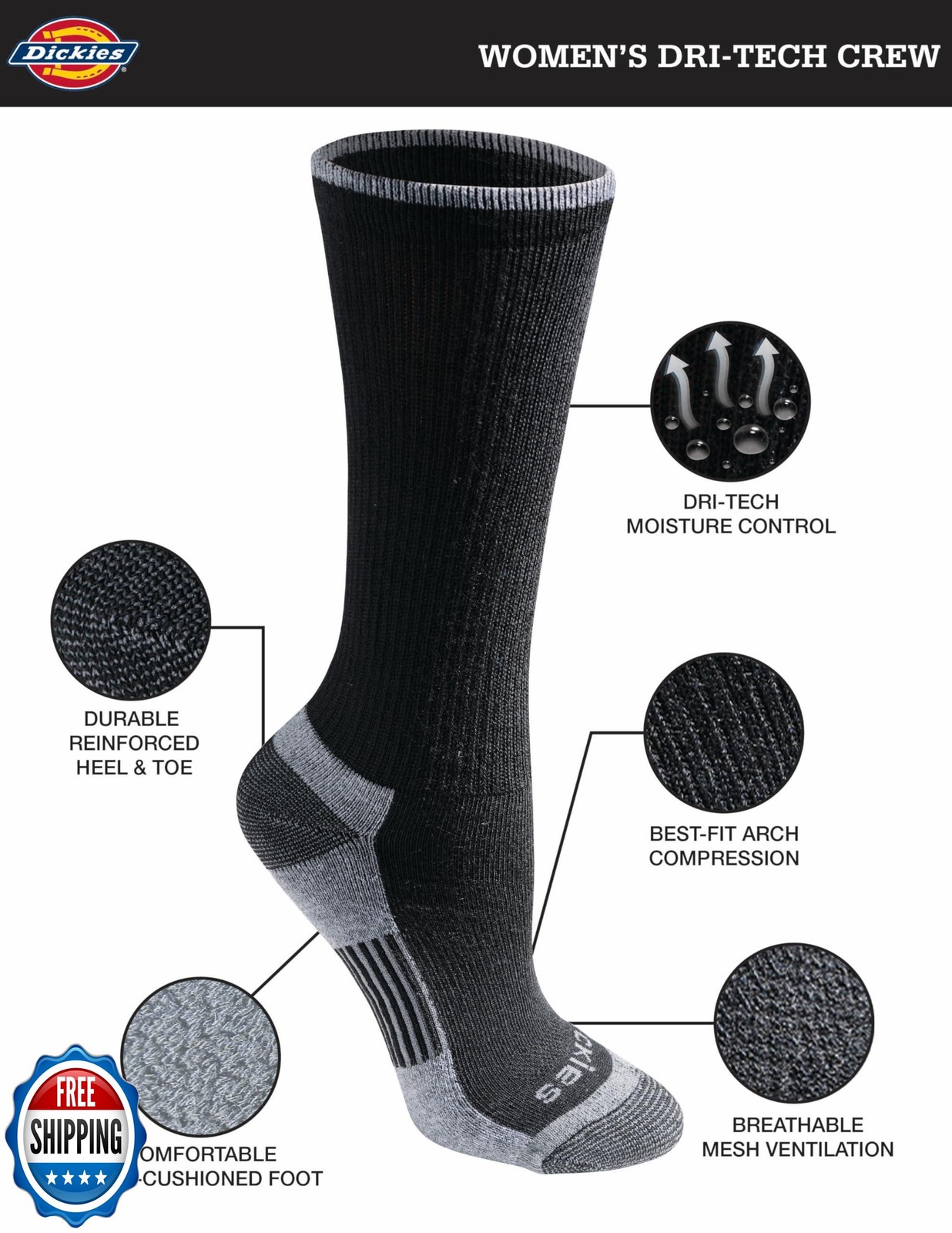 Dickies Women's Dri-Tech Essential Moisture Control Crew Socks, A