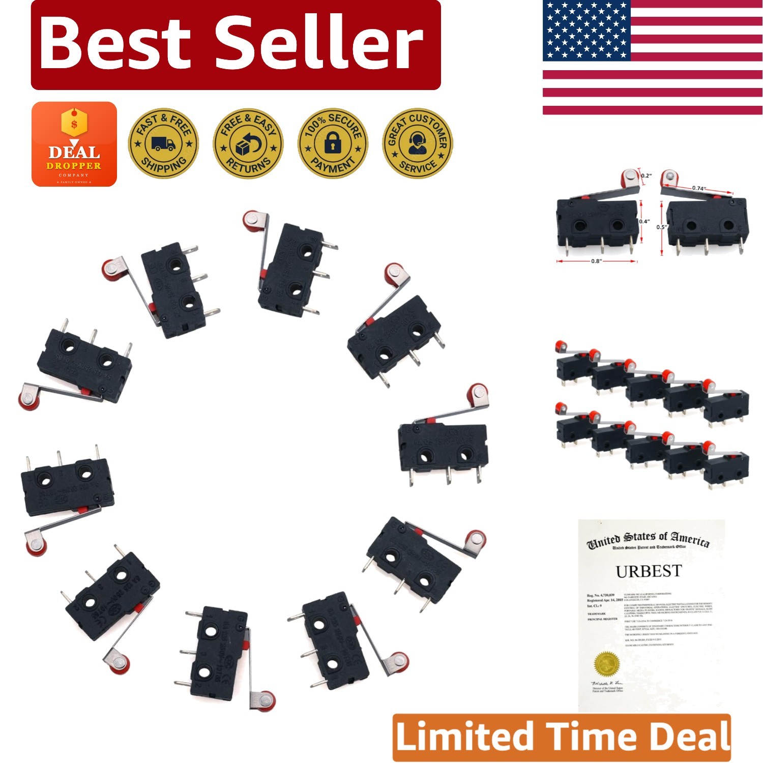 10-Pack SPDT Micro Switches 250V 5A Roller Lever Actuator - Reliable & Compact