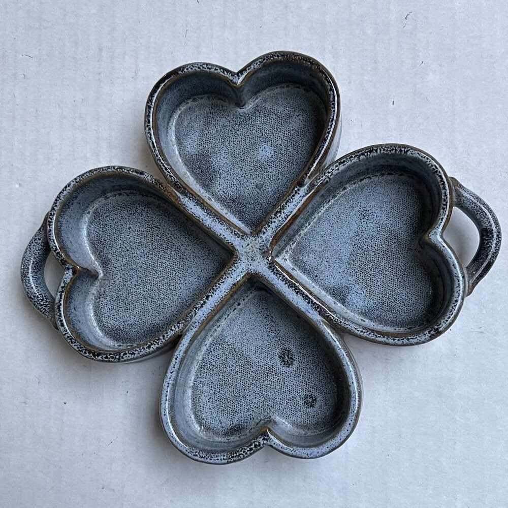 Handmade Studio Art Pottery Denim Blue Heart Handle Marked Trinket Dish Decor