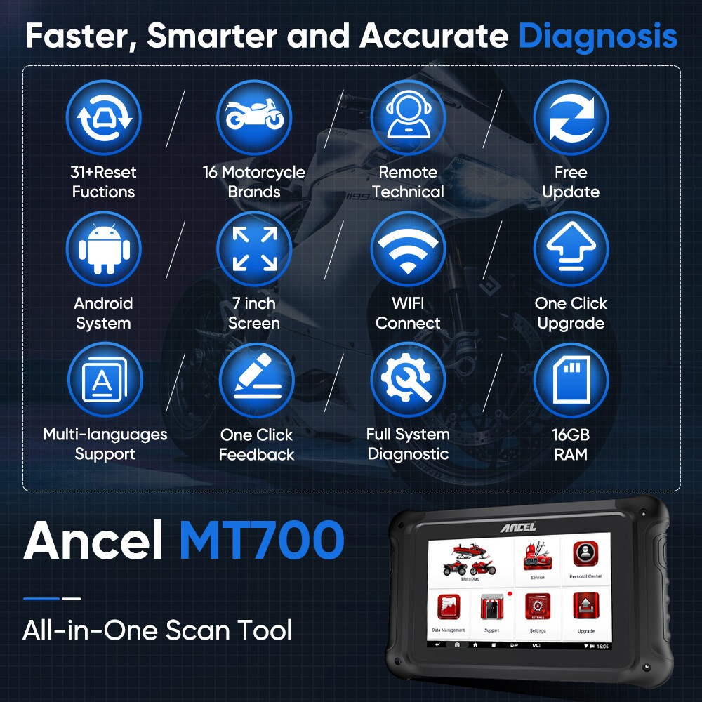 ANCEL MT700 OBD2 Motorcycle Diagnostic Tool All System ECU Coding Active Test