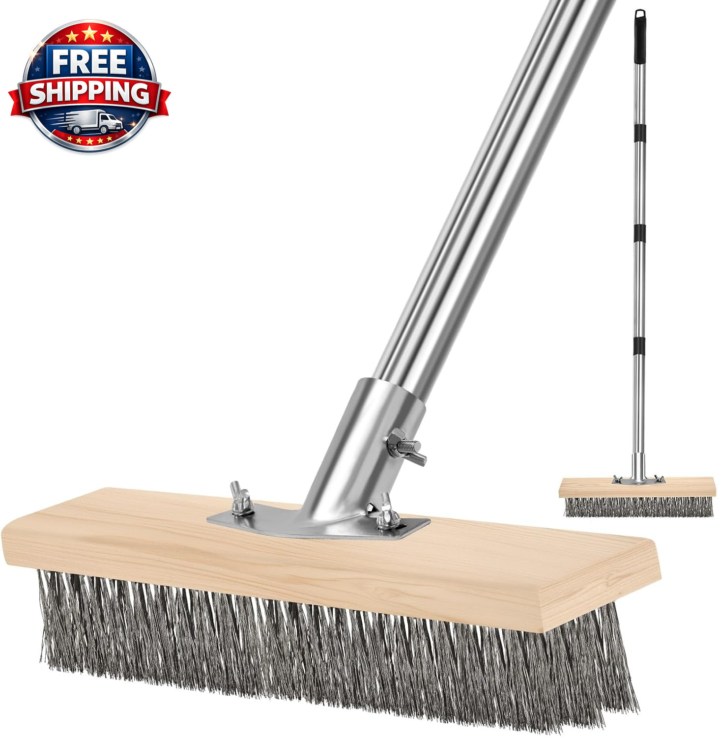 Stainless Steel Pool Scrub Brush with Adjustable Handle, Heavy Duty Stiff Bristl