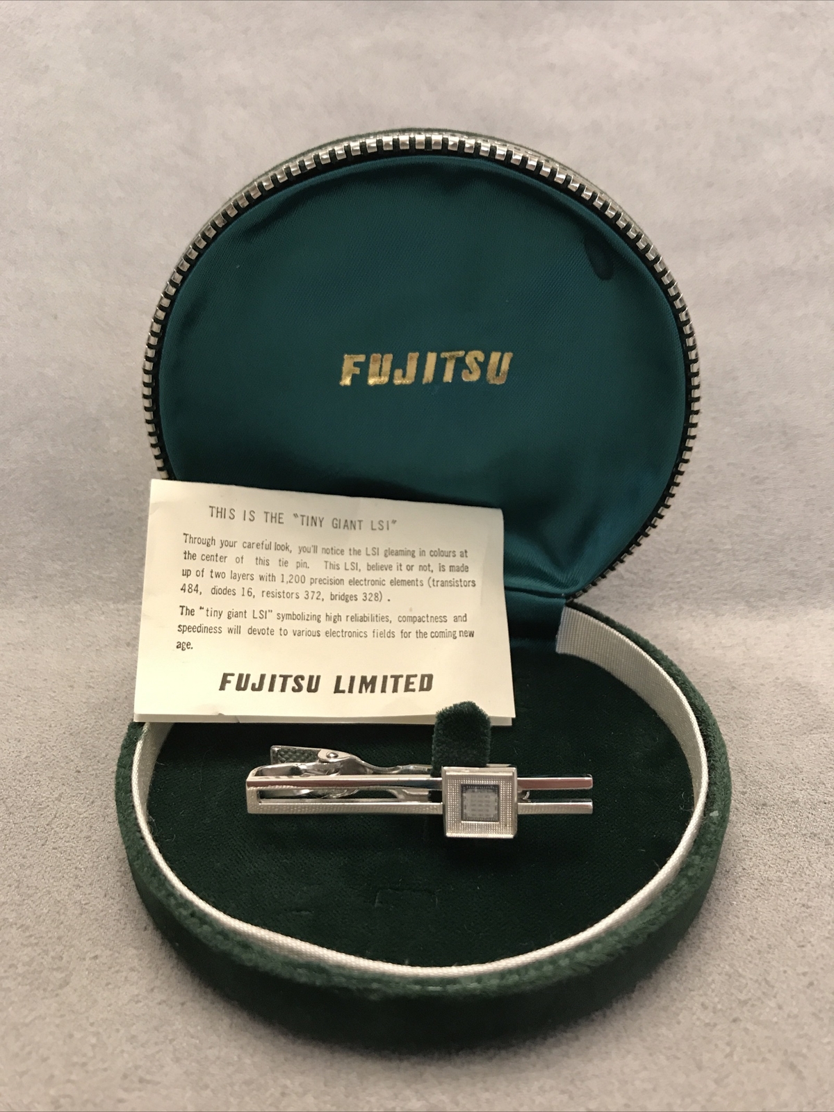 Fujitsu Limited "TINY GIANT LSI" Chip Tie Clip / Bar Marked "SILVER" + CASE