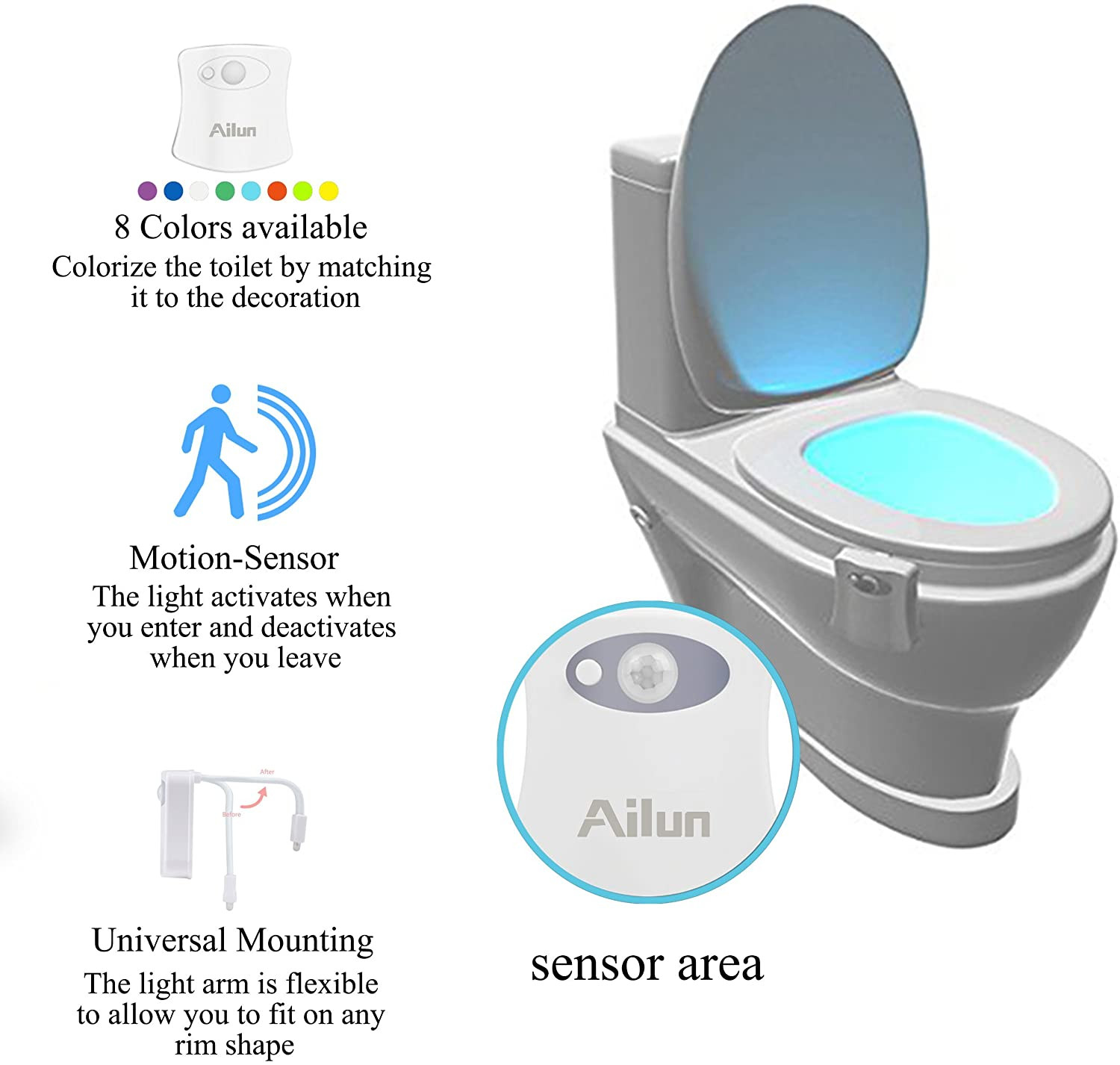 3 Pack Toilet Night Light Motion Sensor Activated LED Light 8 Colors Changing