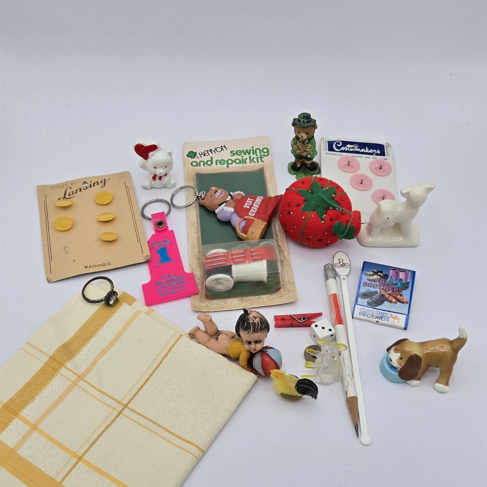 Grandmas Vintage Junk Drawer Lot Figurines Sewing Kit Buttons