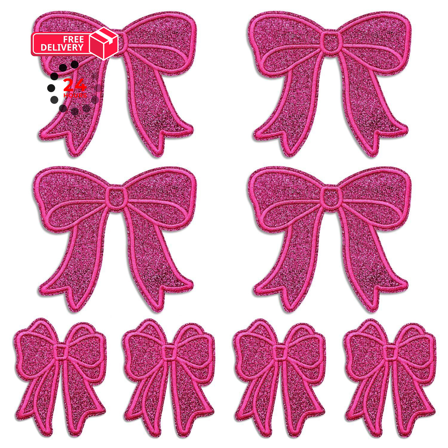 MISDONR 8pcs Rose Pink Bow Iron On Patches, 2 Styles bows, pink