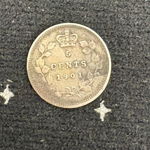 Vintage 1901 Canadian 5 Cent Silver Coin 925 1.1 Grams