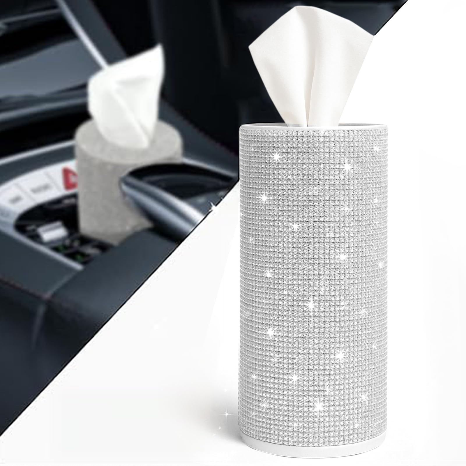 Bling Car Tissue Holder for Cup Holder – Sparkly Rhinestone Round Tissue D