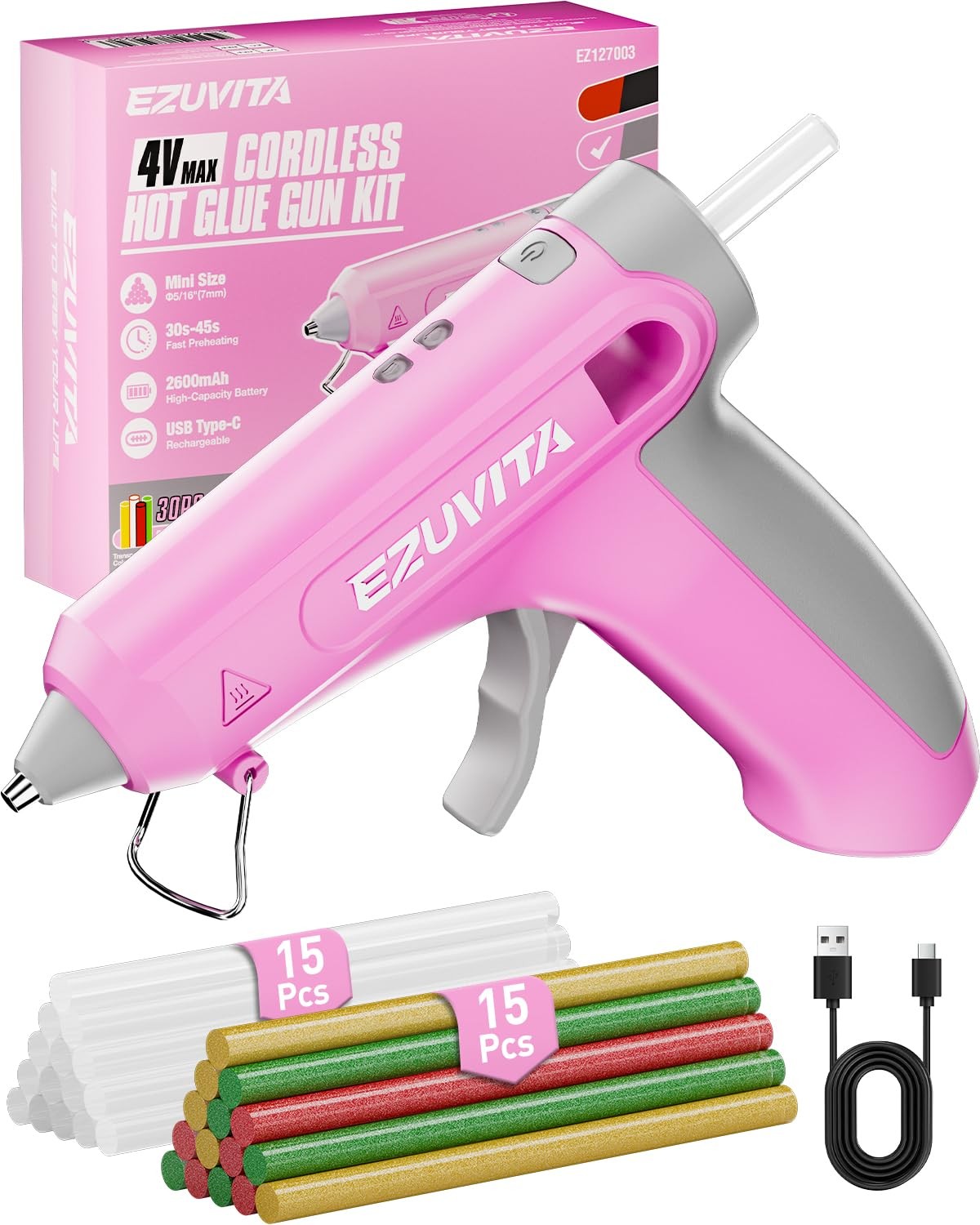 EZUVITA 4V Pink Cordless Hot Glue Gun Kit + 30 Multi-Color Glue Sticks FAST HEAT