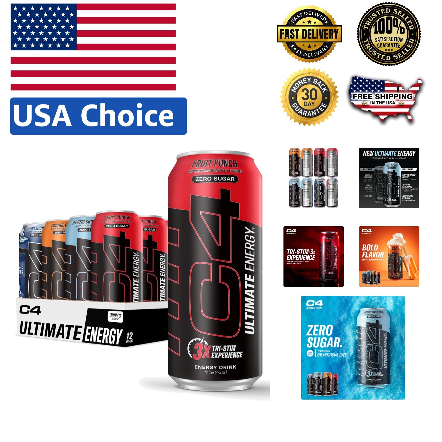 C4 Ultimate Sugar-Free Energy Drink Variety Pack | 300mg Caffeine - 12 Cans