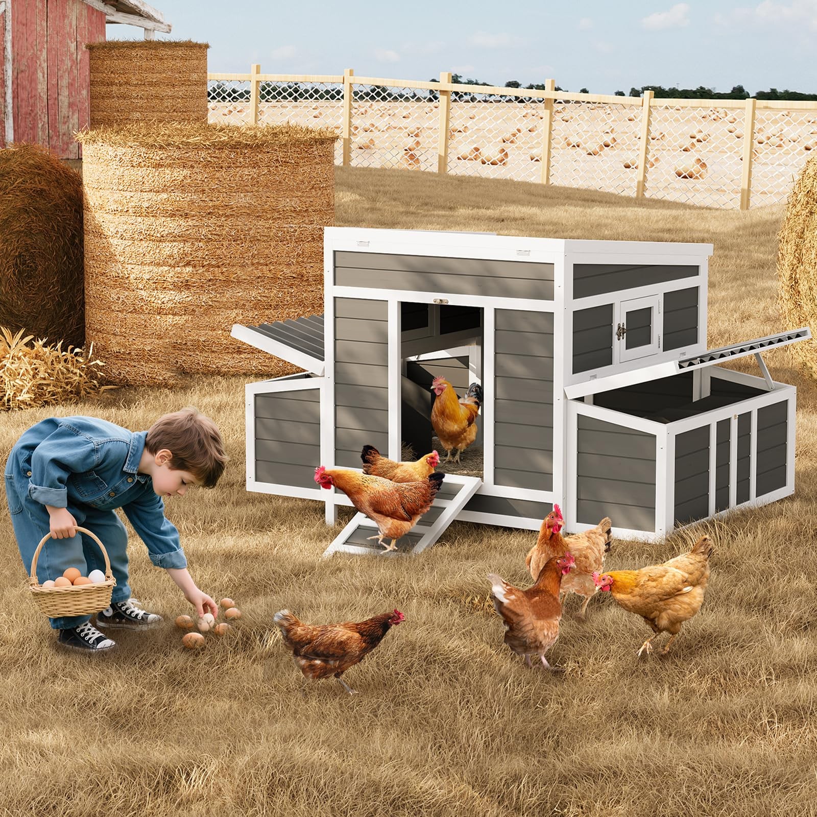 55" Chicken Coop 4-6 Chickens Dual Nesting Boxes Waterproof, Lockable Ventilated