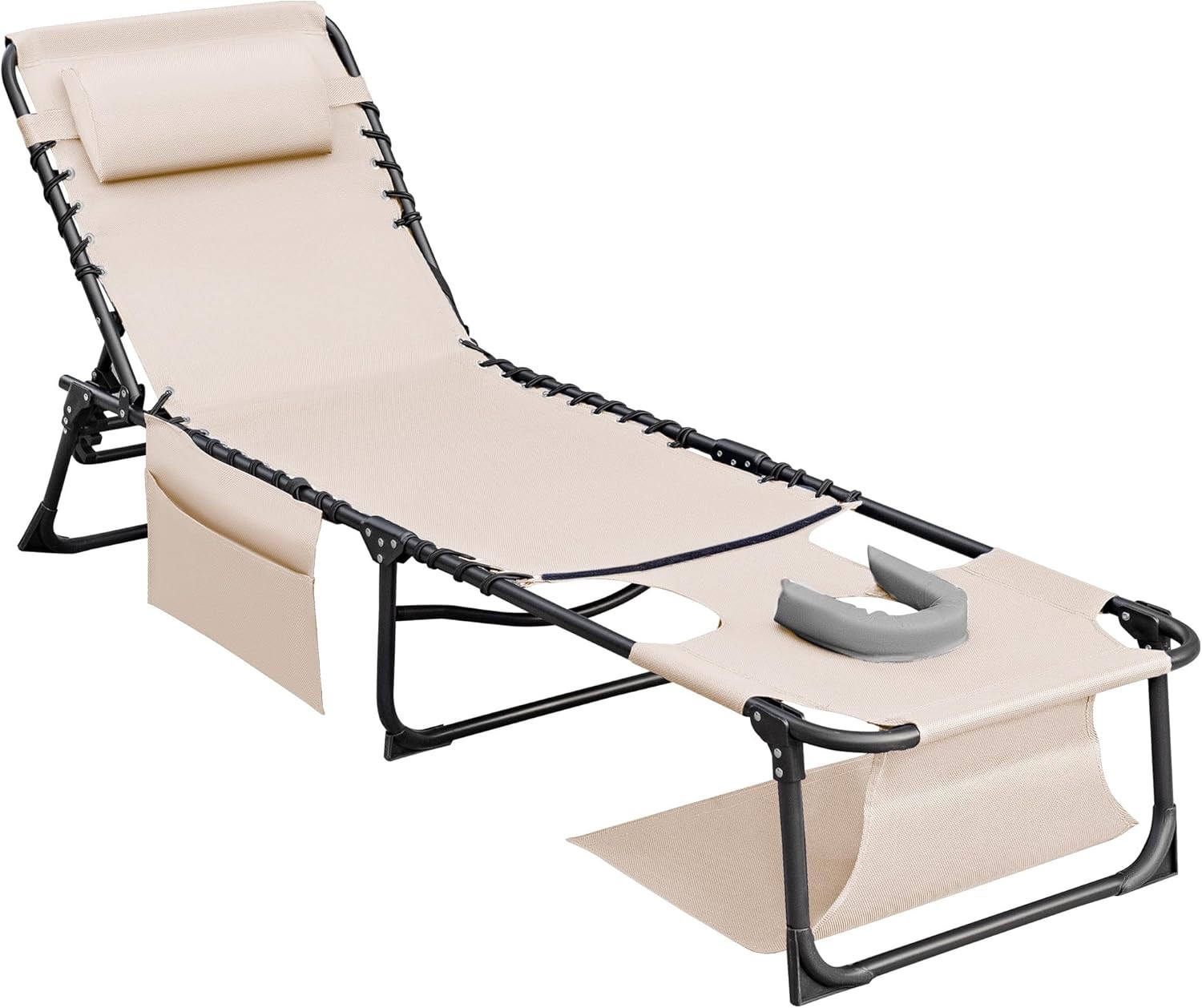 Face Down Chaise Lounge Chair 5-Position Adjustable Sunbathing (Beige, 1 Pcs)
