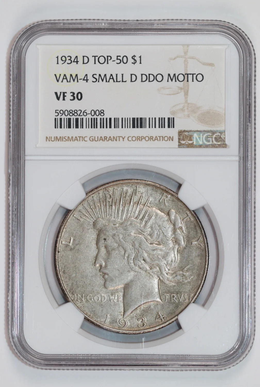 1934-D VAM-4 SMALL D, DDO MOTTO PEACE DOLLAR NGC VF30