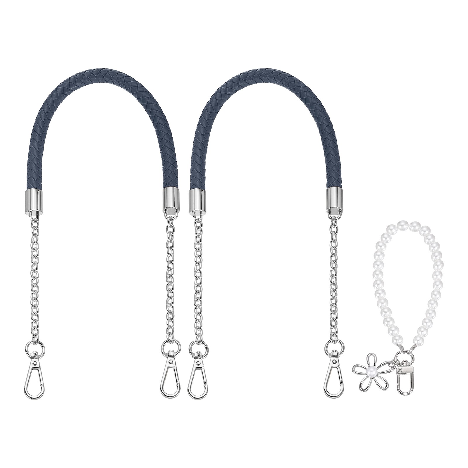 2Pcs 23.6Inch PU Leather Purse Strap with Pendant (Blue, Silver Chain)