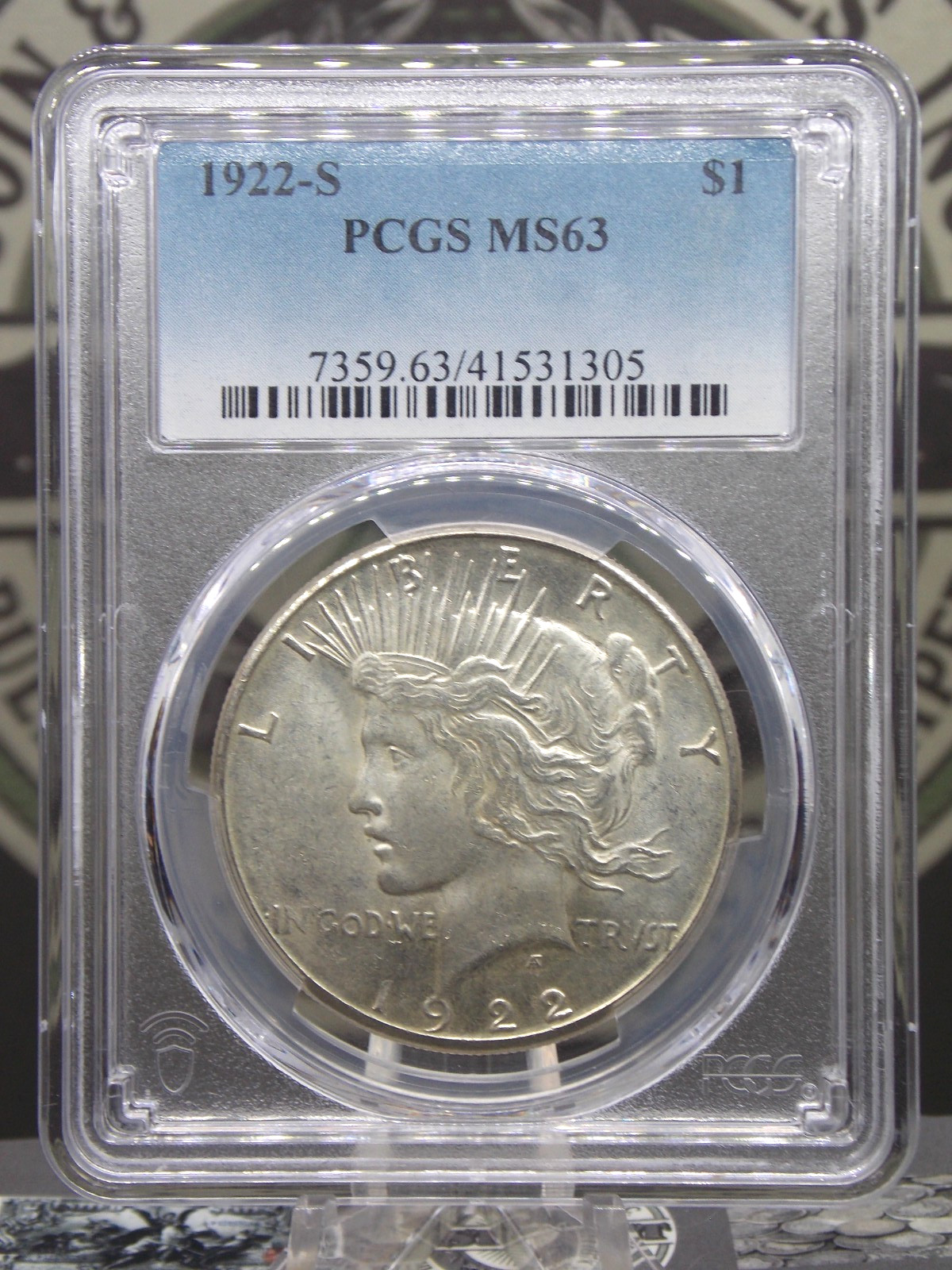1922 "S" Peace SILVER Dollar $1 PCGS MS63 #305 Uncirculated BU Unc ECC&C, Inc.