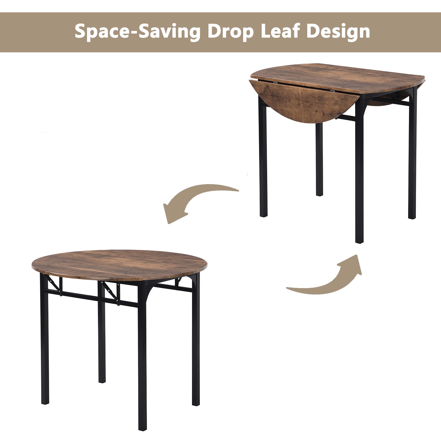 Modern 3-Piece Round Dining Table Set with Drop Leaf and 2 Chairs for Small