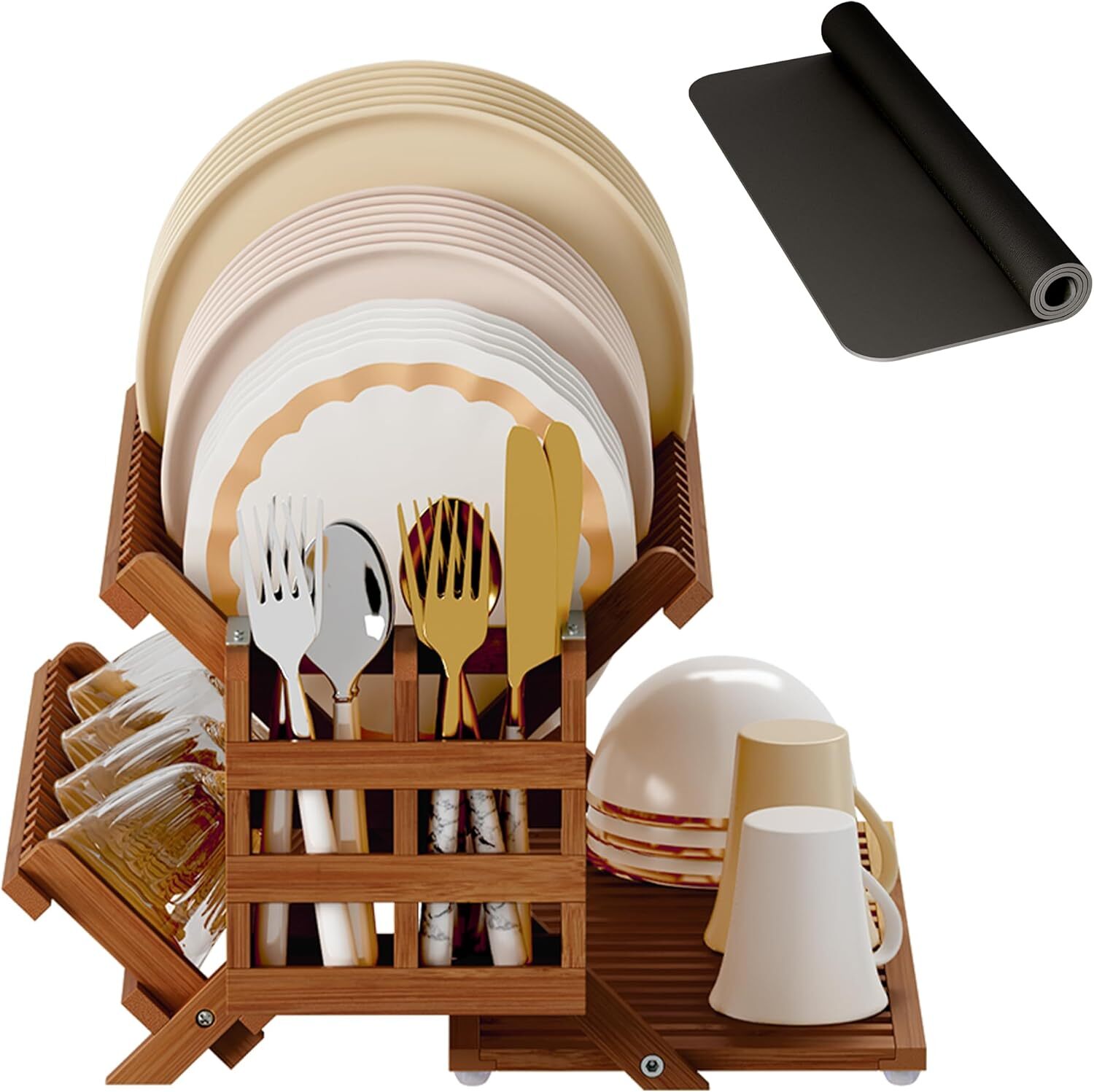 Bamboo Dish Drying Rack with Utensil Holder, 3 Tier Foldable Dish Rack.
