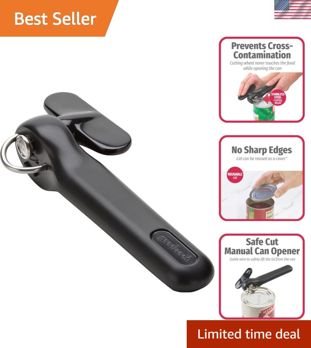 Can Opener, Safe Cut Manual Can Opener, no Sharp Can Edges, Black