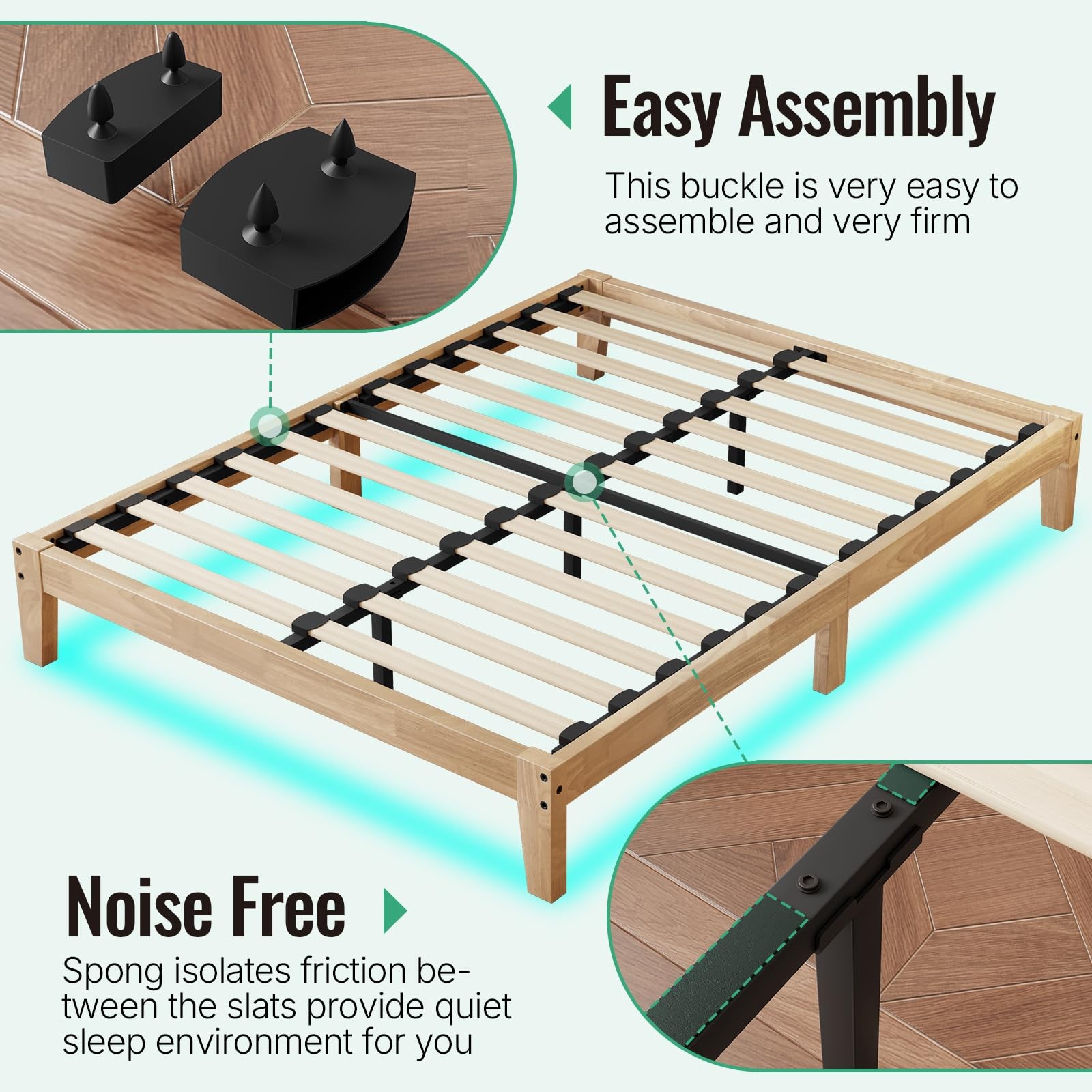Full Size Solid Wood Platform Bed with Led Light - Noise-Free Design with Met...
