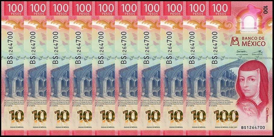 Mexico 100 Pesos, 2021, P-134d.5, UNC, Polymer X 10 PCS