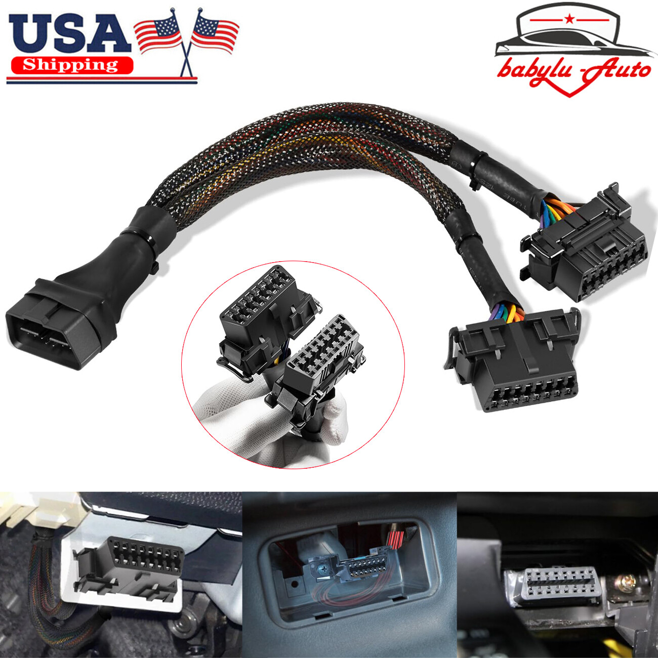 16 Pin OBD2 OBD II Splitter Adapter Cable RA Male to Dual Female Y Cable 12 INCH