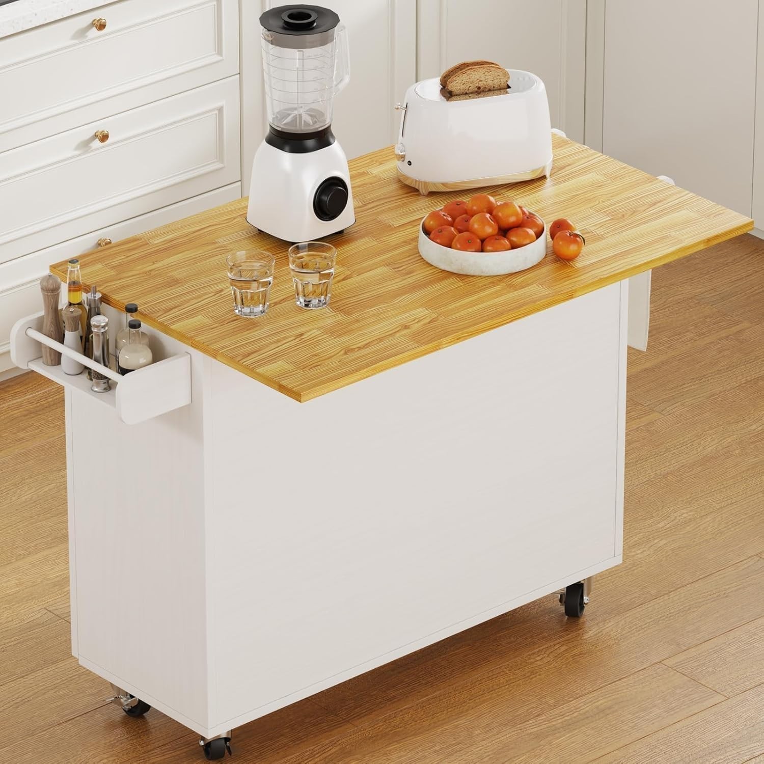 Kitchen Island with Storage on Wheels, Rolling Kitchen Island with Spice Rack...