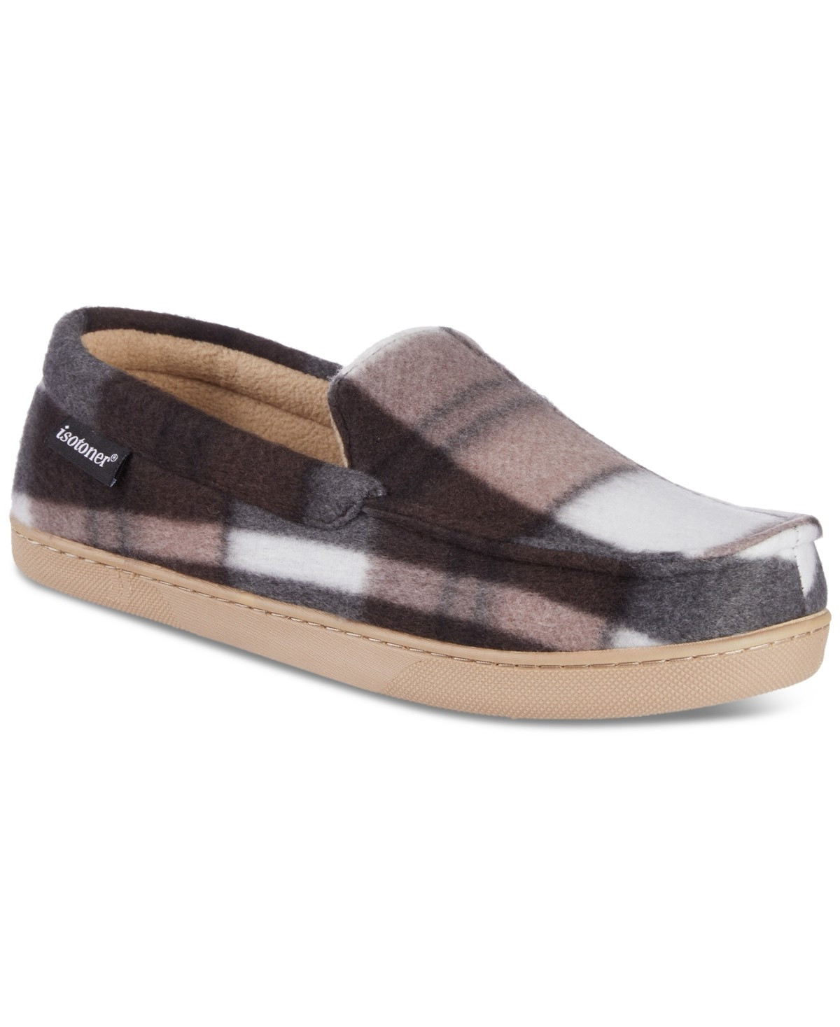 Isotoner Men's Plaid Fleece Cameron Moccasin Slippers - Sand Trap Size 9.5-10.5