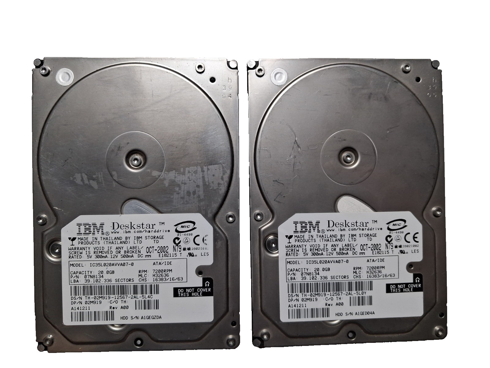 (2) 20gb IBM Deskstar IC35L020AVVA07-0 07n7402 7200RPM MLC:H32636 ATA/IDE Hard D