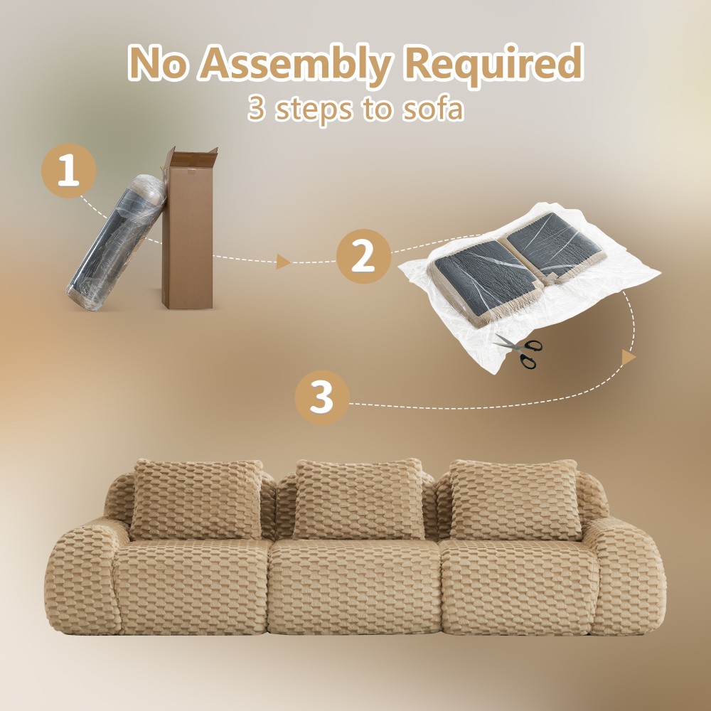 114" Modular Sofa Compressed Couch w/ Flannelette Fabric, 3-Seater, Light Camel